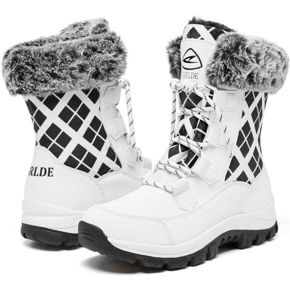 Women’s Ivory White Plaid Waterproof Snow Boots Mid-Calf Faux Fur Lined Non-Slip - Picture 3 of 9